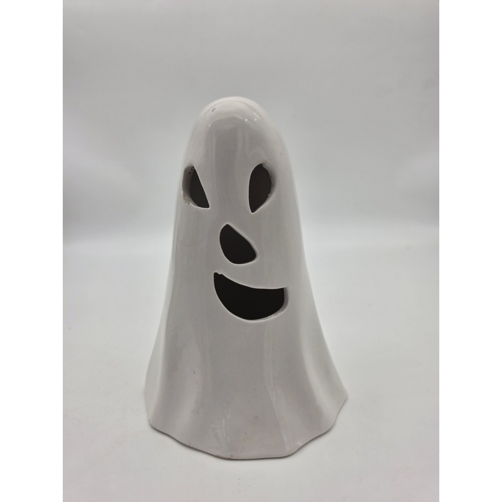 Vintage Halloween Ceramic White Ghost Spooky Jack-O-Lantern Use W Candle / Light